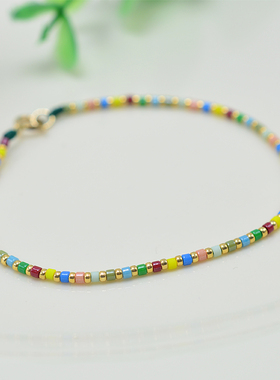 进口古董琉璃珠9色极细彩色手链脚链小众饰品进口14k包金手串轻奢