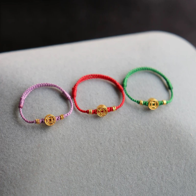 999 Pure Gold Copper Coin Ring Women's Fine Model Zodiac Year Red Rope Ring Women's Extremely Fine Braided Rope Ring