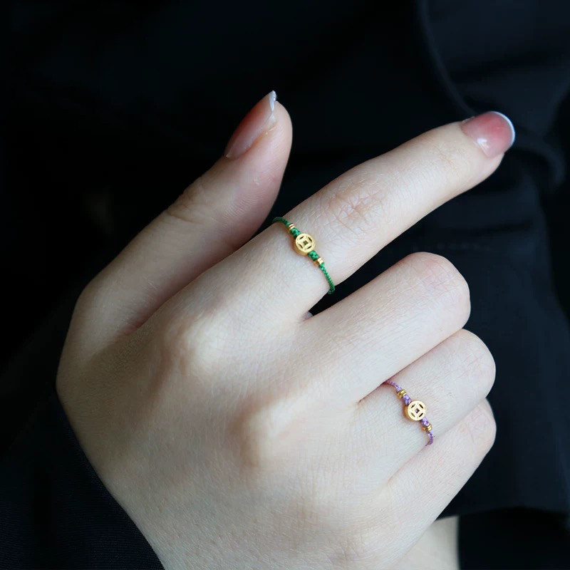 999 Pure Gold Copper Coin Ring Women's Fine Model Zodiac Year Red Rope Ring Women's Extremely Fine Braided Rope Ring