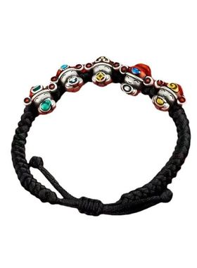 新年礼品五福财神足银珐琅彩五路财神红黑绳手链本命年红绳时尚