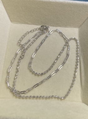 925银ab链 立体方形链配珠珠链 个性百搭叠戴锁骨链