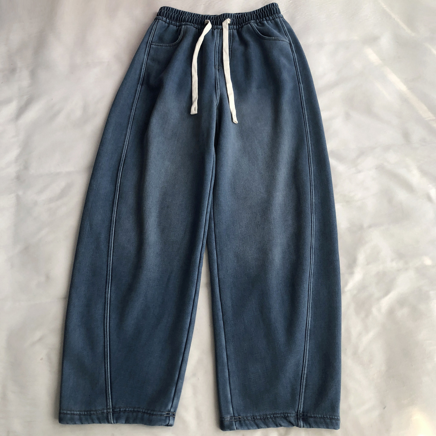 莱赛尔 水洗BF牛仔蓝加绒加厚弯刀阔腿裤复古立体拼接直筒休闲裤,淘宝优惠券,粉丝福利购,淘宝优惠卷