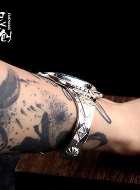 纳瓦霍印第安手镯环绿松石925纯银手工摇滚机车男女开口高桥吾郎