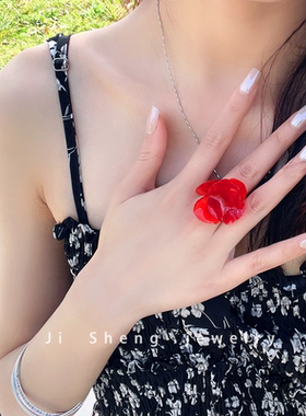 手工真花开口调节红色花朵戒指
