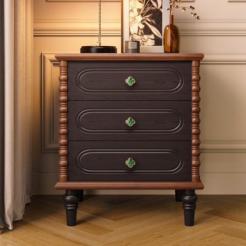 复古床头柜高款白蜡木中古风卧室床头边柜双拼色设计感三抽床边柜 - 图0