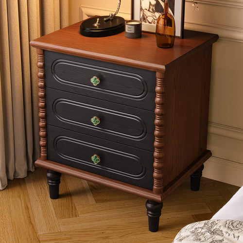 复古床头柜高款白蜡木中古风卧室床头边柜双拼色设计感三抽床边柜 - 图2