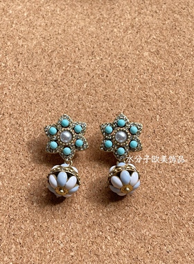 新款复古高级感大衣配饰项链耳环套装琉璃素金设计项链耳针套装