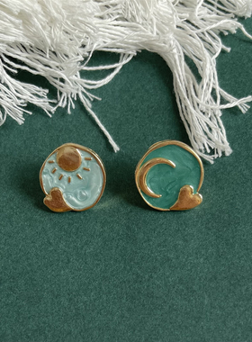 复古蓝色系小众星月vintage耳钉