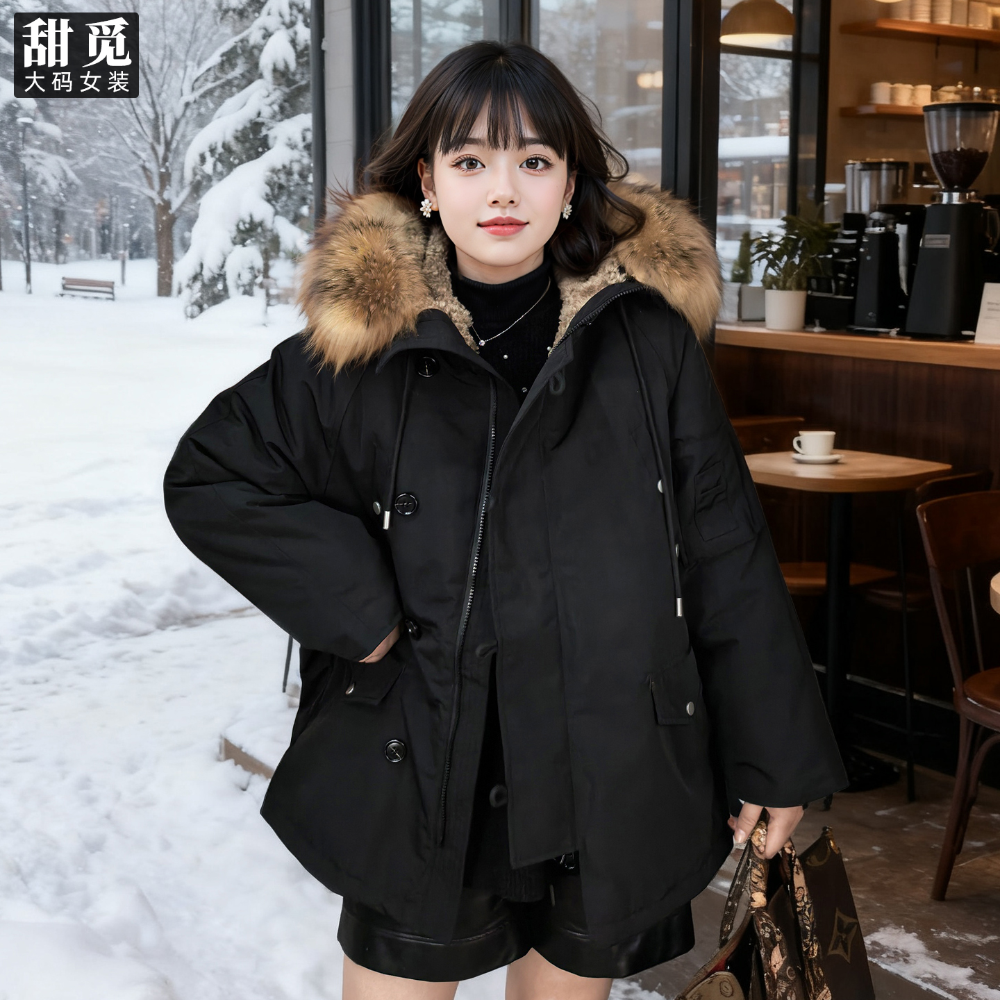 甜觅特大码女装冬装胖mm270斤貉子毛领中长款90白鸭绒保暖羽绒服 - 图3