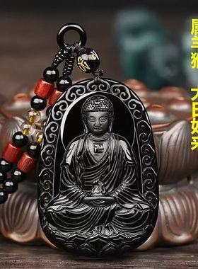 2026年冰种黑曜石大日如来吊坠男女项链属羊猴本命佛守护神项链