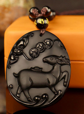 一鹿平安梅花鹿灵鹿长春黑曜石吊坠生肖项链男女款饰品