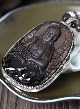 冰种黑曜石925银阿弥陀佛吊坠