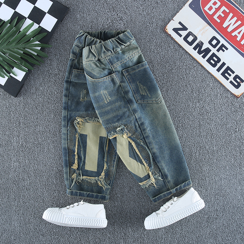 儿童秋季裤子男童磨破牛仔裤春秋款宝宝长裤小童秋装男孩休闲裤潮 - 图1