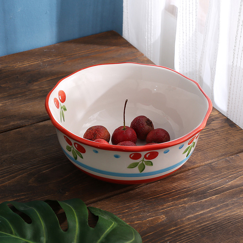 陶瓷碗碟盘子套装小清新红樱桃手绘家用深盘平盘釉下彩米饭碗面碗-图3