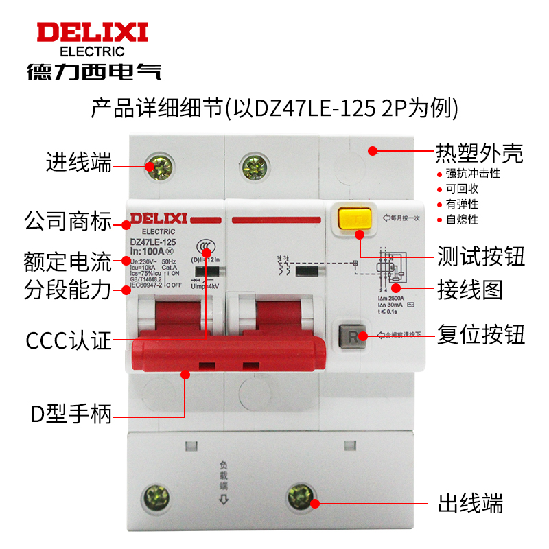 德力西空开带漏电保护DZ47LE-125A家用100安2P空气开关断路器漏保-图1