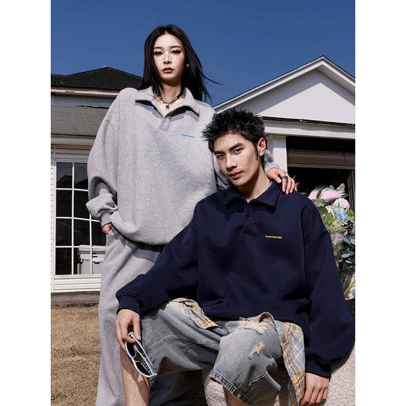 MANYSTON美式翻领POLO衫卫衣男生款夏季400g重磅国潮长袖上衣外套 - 图0