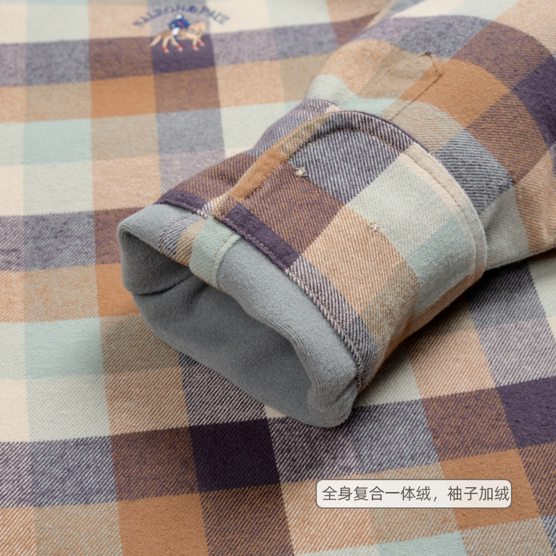 保罗秋冬季加绒保暖长袖衬衫男士格子纯棉磨毛加厚中青年休闲衬衣