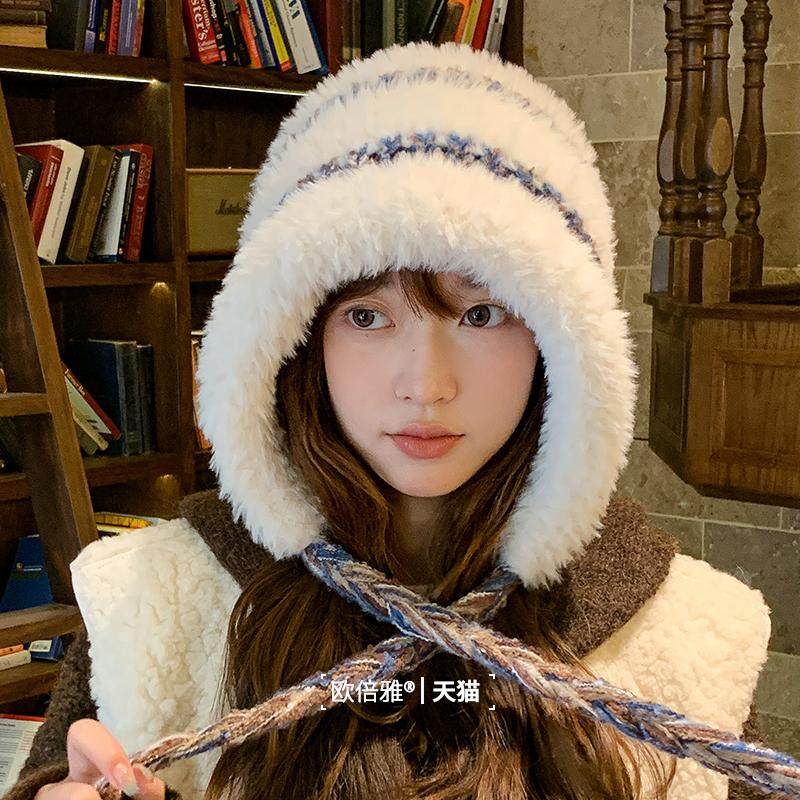 秋冬大头围毛绒绒显脸小帽子女可爱绑带保暖防寒针织帽套头毛线帽,淘宝优惠券,粉丝福利购,淘宝优惠卷