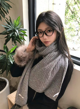 SLN韩系复古灰色针织围巾女秋冬保暖长款披肩围脖羊毛秋冬季