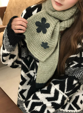 SLN 韩版长方形花朵提花针织围巾女秋冬氛围感保暖百搭毛线围脖