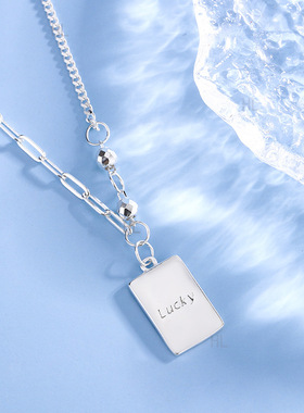 足银999吉言纳福项链女双面方牌吊坠轻奢高级感小众不对称锁骨链