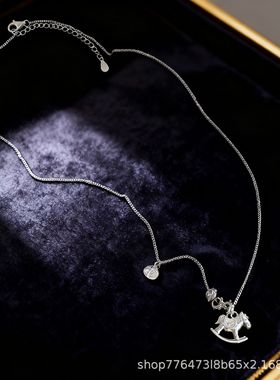 925纯银马上有钱小木马项链女轻奢高级感毛衣链秋冬马年银饰饰品
