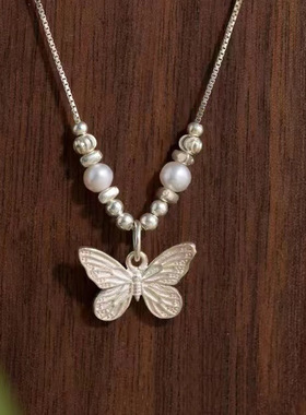 S990纯银新中式施家珍珠蝴蝶项链夏季女高级感轻奢小众气质锁骨链