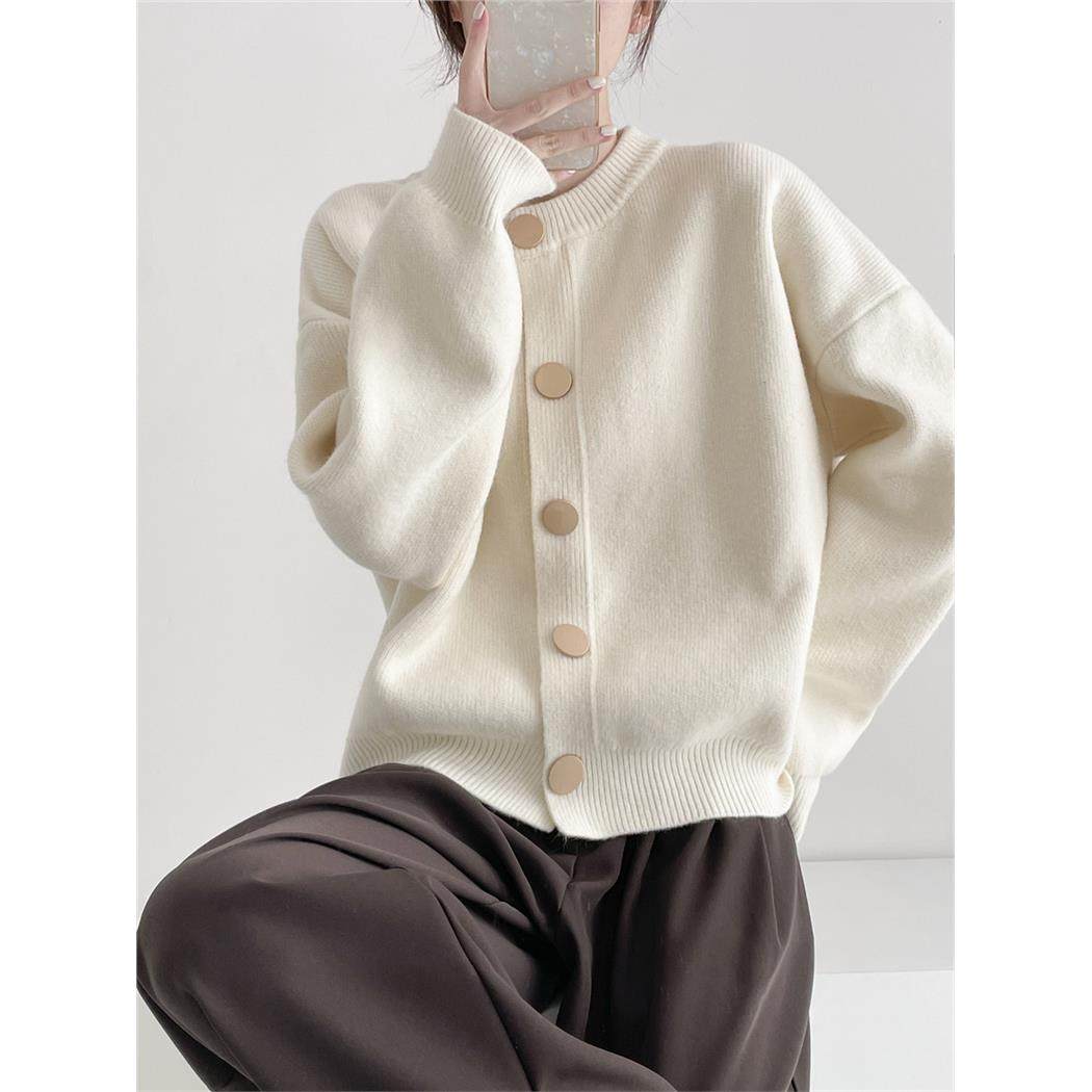 悦织雅 设计感单排扣纯色针织毛衣外套开 衫慵懒宽松圆领秋冬上衣,淘宝优惠券,粉丝福利购,淘宝优惠卷