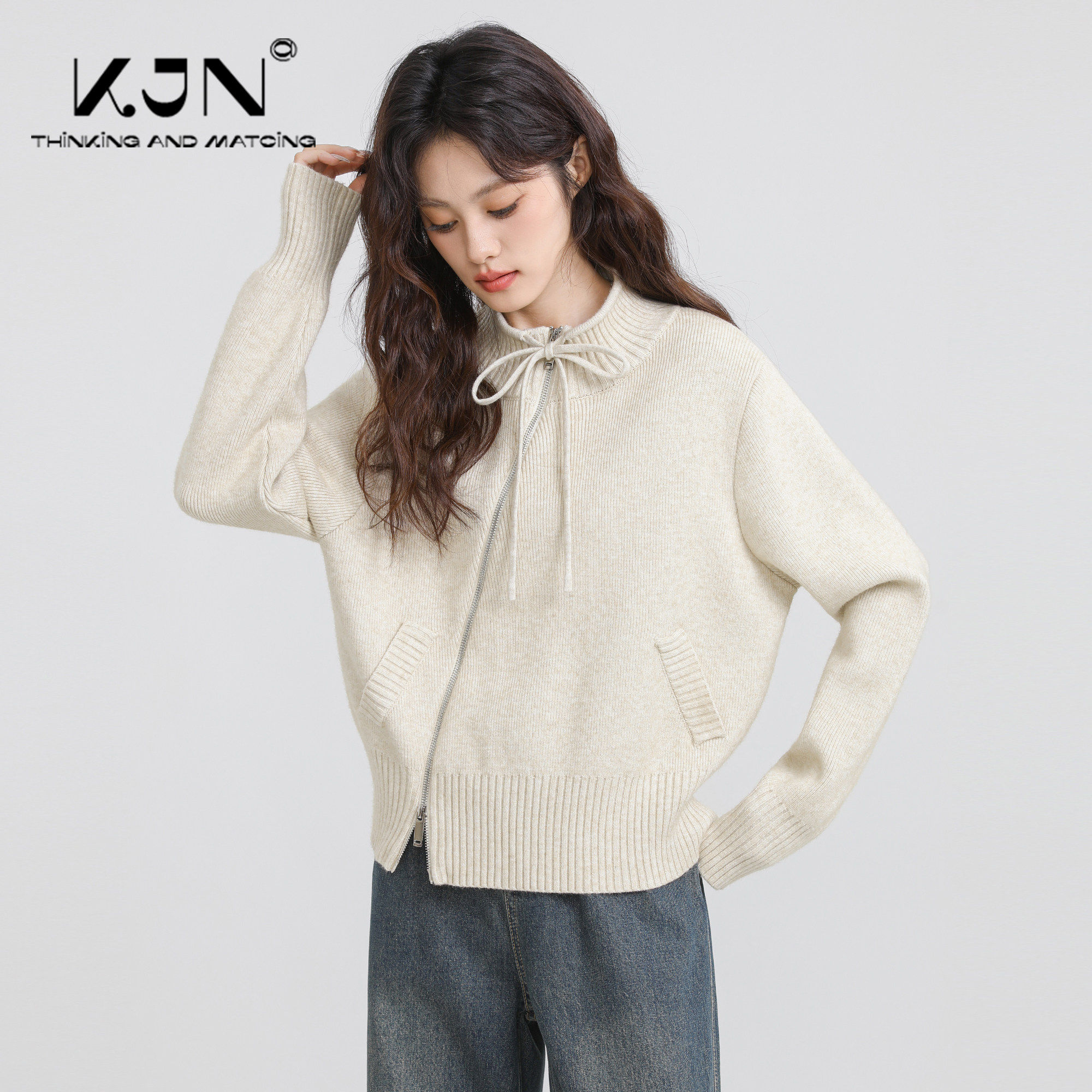 半高领加厚毛衣外套女2025春秋新款不规则双拉链立领针织开衫上衣,淘宝优惠券,粉丝福利购,淘宝优惠卷