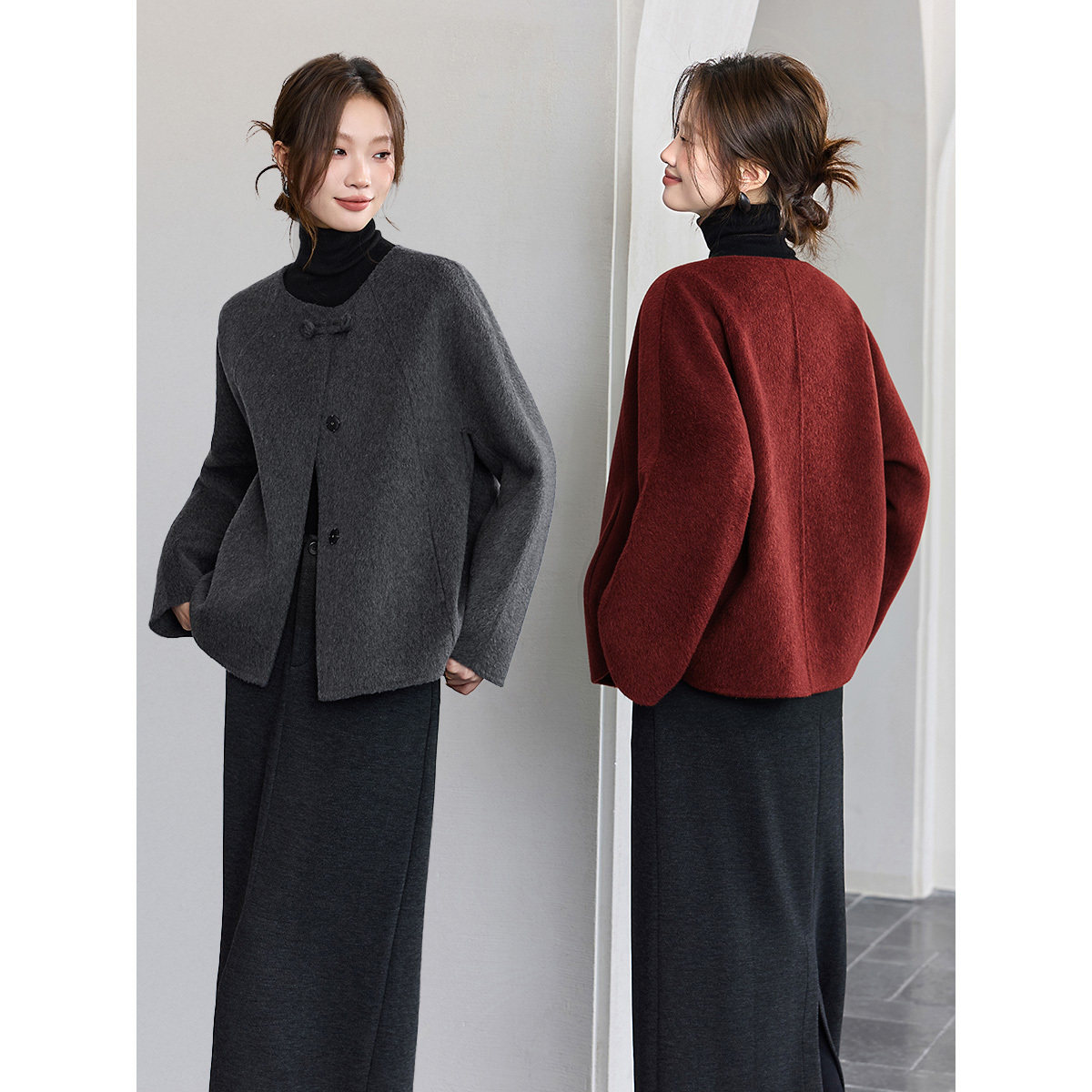 沫晗依美时髦显白连肩袖羊毛双面呢大衣25秋冬新款保暖毛呢外套女