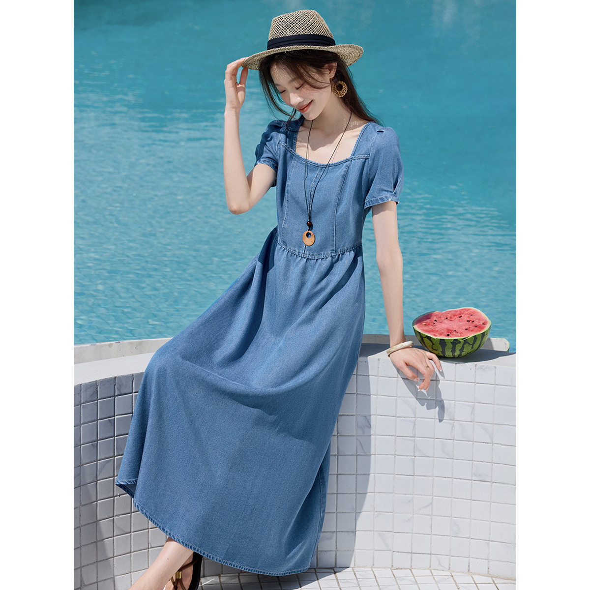 沫晗依美收腰牛仔裙2025夏季新款经典水洗牛仔薄款茶歇长款连衣裙 - 图0