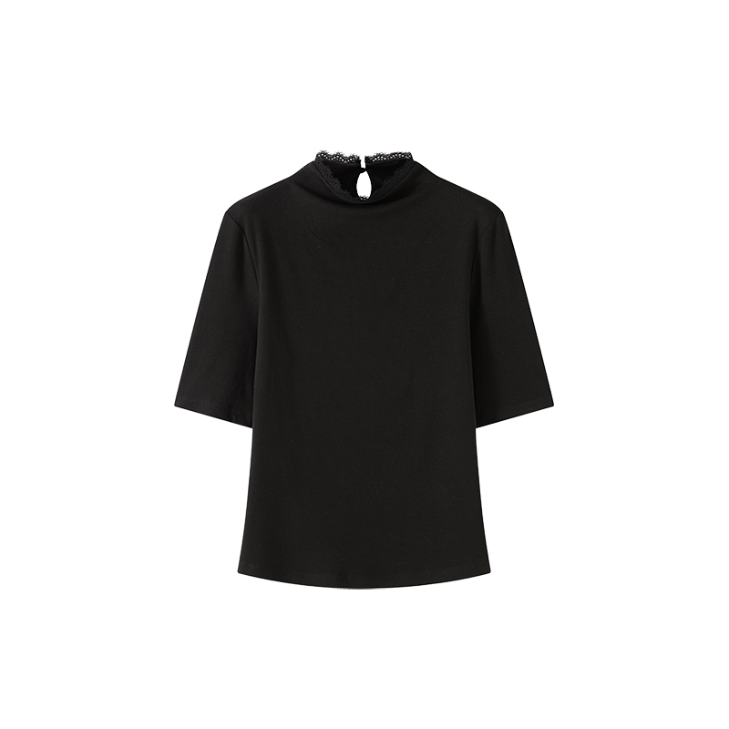 沫晗依美蕾丝拼接半高领中袖2025秋季新款收腰褶皱百搭显瘦T恤女,淘宝优惠券,粉丝福利购,淘宝优惠卷