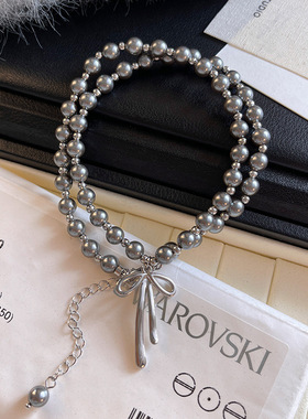 轻奢小众高级感银灰色S家珍珠项链时尚百搭气质蝴蝶结吊坠锁骨链