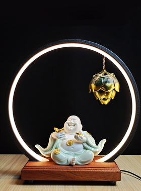 陶瓷弥勒佛led发光桌面摆件送香
