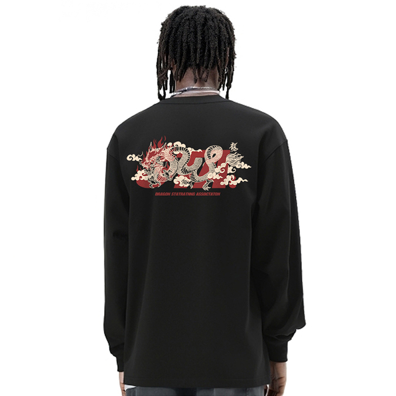 STA祥云线条龙纯棉长袖T恤男女重磅休闲潮牌宽松打底衫320克春秋 - 图1