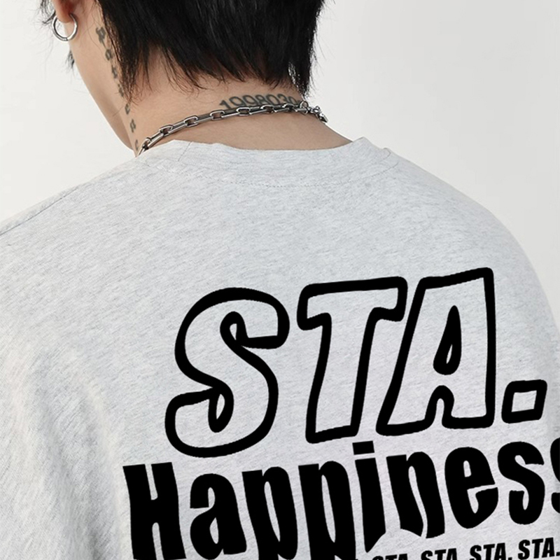 STA原创春秋季国潮牌幸福字母印花宽松圆领长袖T恤男女装上衣t恤 - 图2
