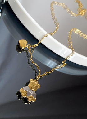 网红钛钢不褪色爱心小熊吊坠项链