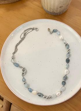 天然石淡水珍珠钛钢锁骨链