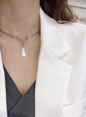潮牌方牌珍珠吊坠项链女轻奢小众