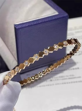 18k金素圈叠戴菱格手镯简约爱巢玫瑰金间镶钻手环蜂窝六边形手饰