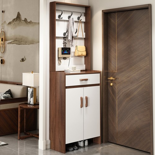 实木鞋柜家用门口大容量门厅柜带衣架白色胡桃色原木色玄关储物柜 - 图2