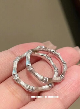S925纯银戒指竹节缎面意大利中古拉丝高端轻奢小众级感镶钻锆石环