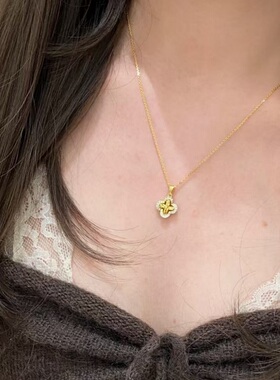 S925纯银项链四叶草意大利中复古拉丝镶钻轻奢高端小众级感锁骨颈