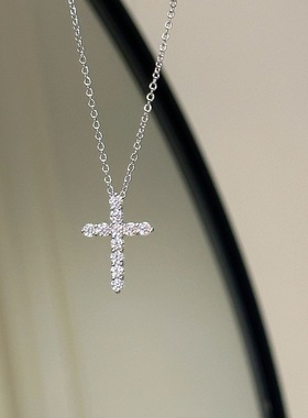 S925纯银项链十字架镶满钻超闪锆石轻奢高端小众级感百搭锁骨颈链