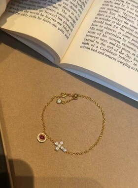 S925纯银手链镶钻红宝锆石十字架手链轻奢高端小众级设计感精致潮