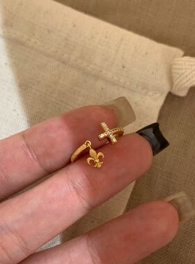 S925纯银尾戒指十字架鸢尾花开口镶钻锆石轻奢高端小众级感百搭潮