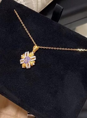 S925纯银项链意大利中复古紫荆太阳花镶钻轻奢高端小众级设计感颈