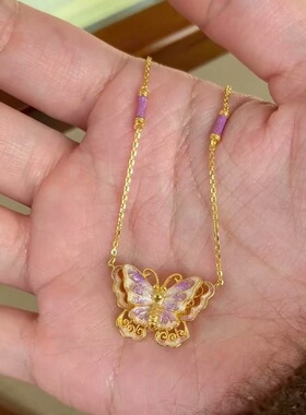 S925纯银项链新中式国风九紫离火珐琅翩翩蝴蝶轻奢高端小众级感颈