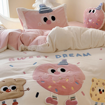 (Fuishan Strawberry) Winter Cartoon Doughnut With Thickened Milk Suede Four Pieces Of Children Warm Coral Suede Bed