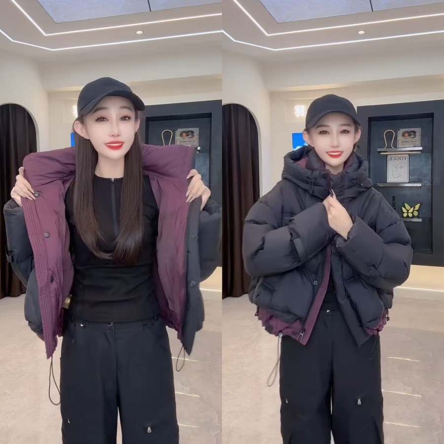 时尚连帽棉服外套2025冬季新款拼接撞色黑加仑休闲洋气面包服棉衣 - 图2